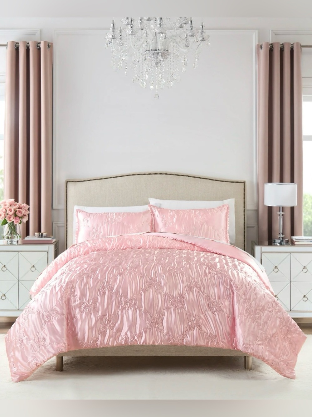Paris Hilton 3-Piece Cordelia Satin Pink Comforter Set, King